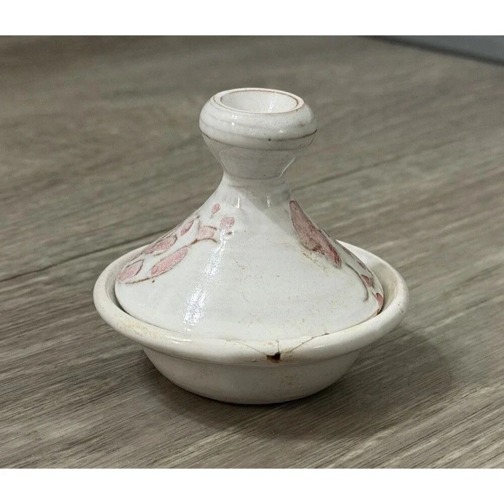 Vintage Small Clay Tagine White W/ Pink Flowers Handmade & Signed BROKEN - READ